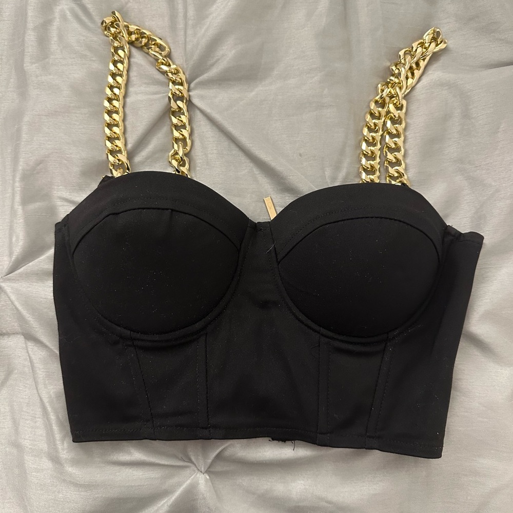 Black bustier with gold chains. Superdown from REVOLVE